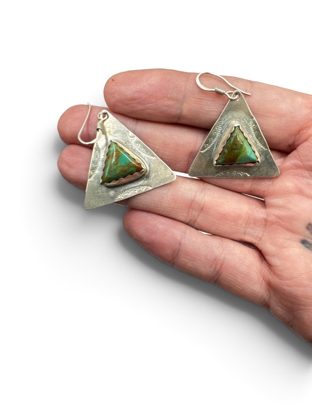 Vintage Navajo Sterling Silver Turquoise Triangle Earrings Signed TG
